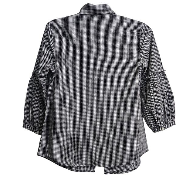 Gingham‎ Blouse XXS Black White Check Button-Up Cotton Blend Tie Sleeve - Picture 6 of 9